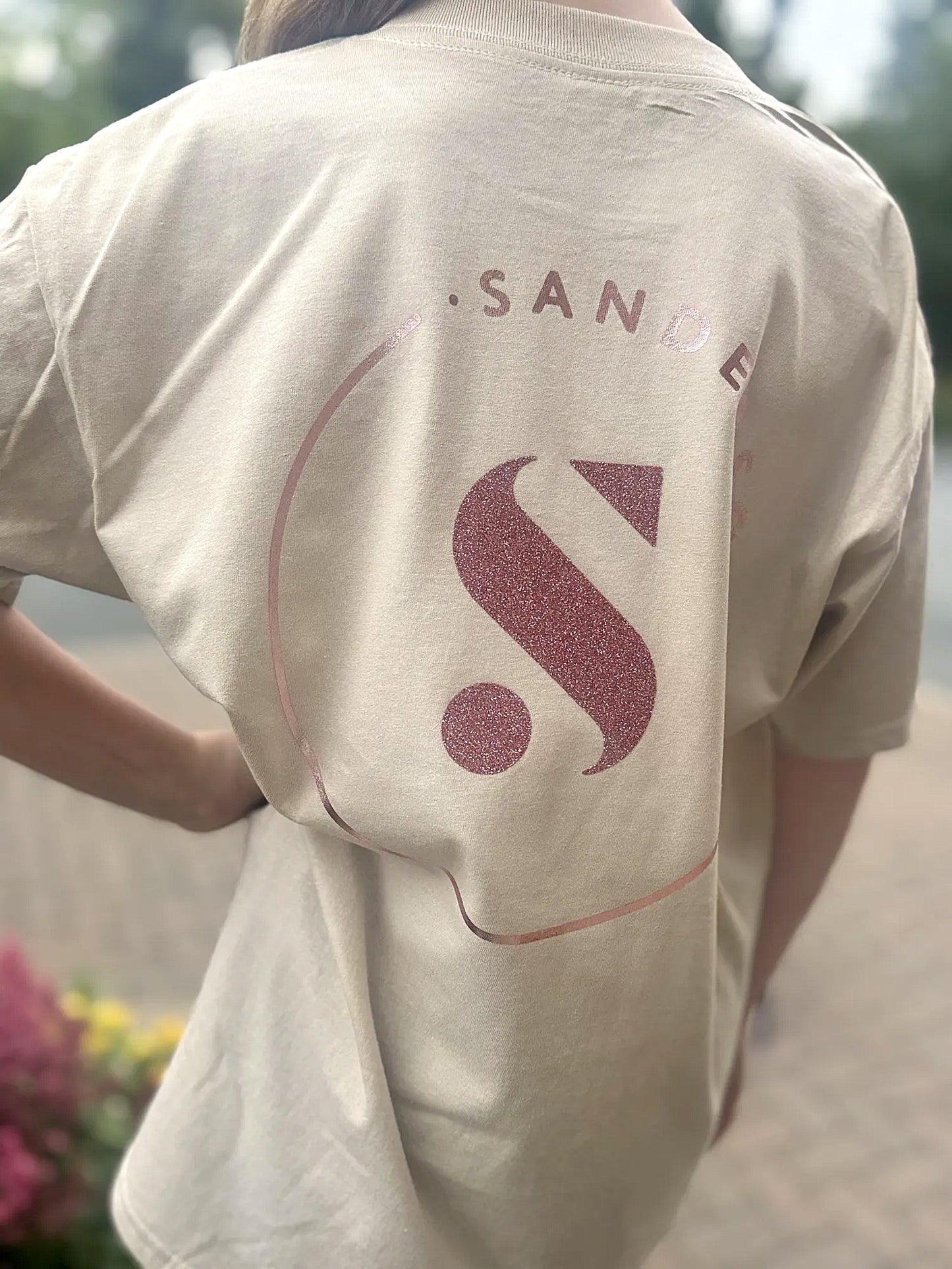 T SHIRT SAND WITH PINK GLITTER & METALLIC- KIDS & ADULT SIZES