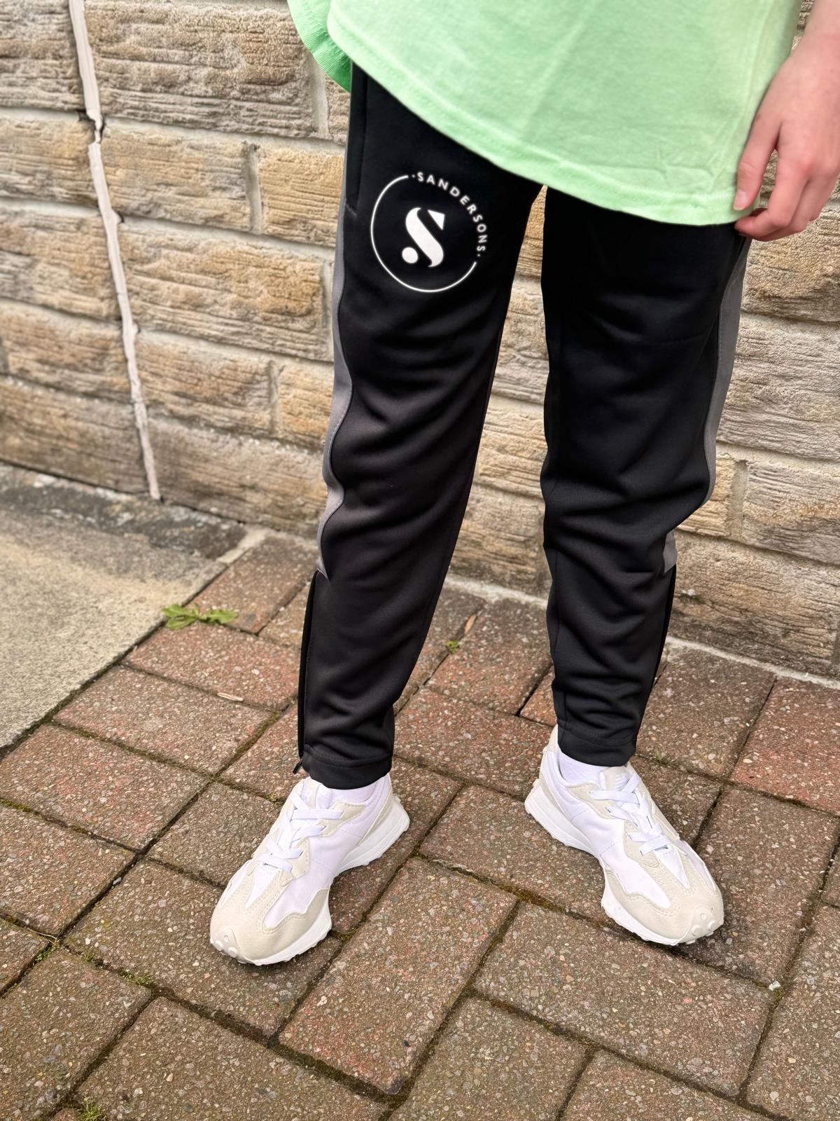 TRACKSUIT BOTTOMS WITH GREY STRIPE & WHITE LOGO - KIDS & ADULTS BLACK SANDERSONS