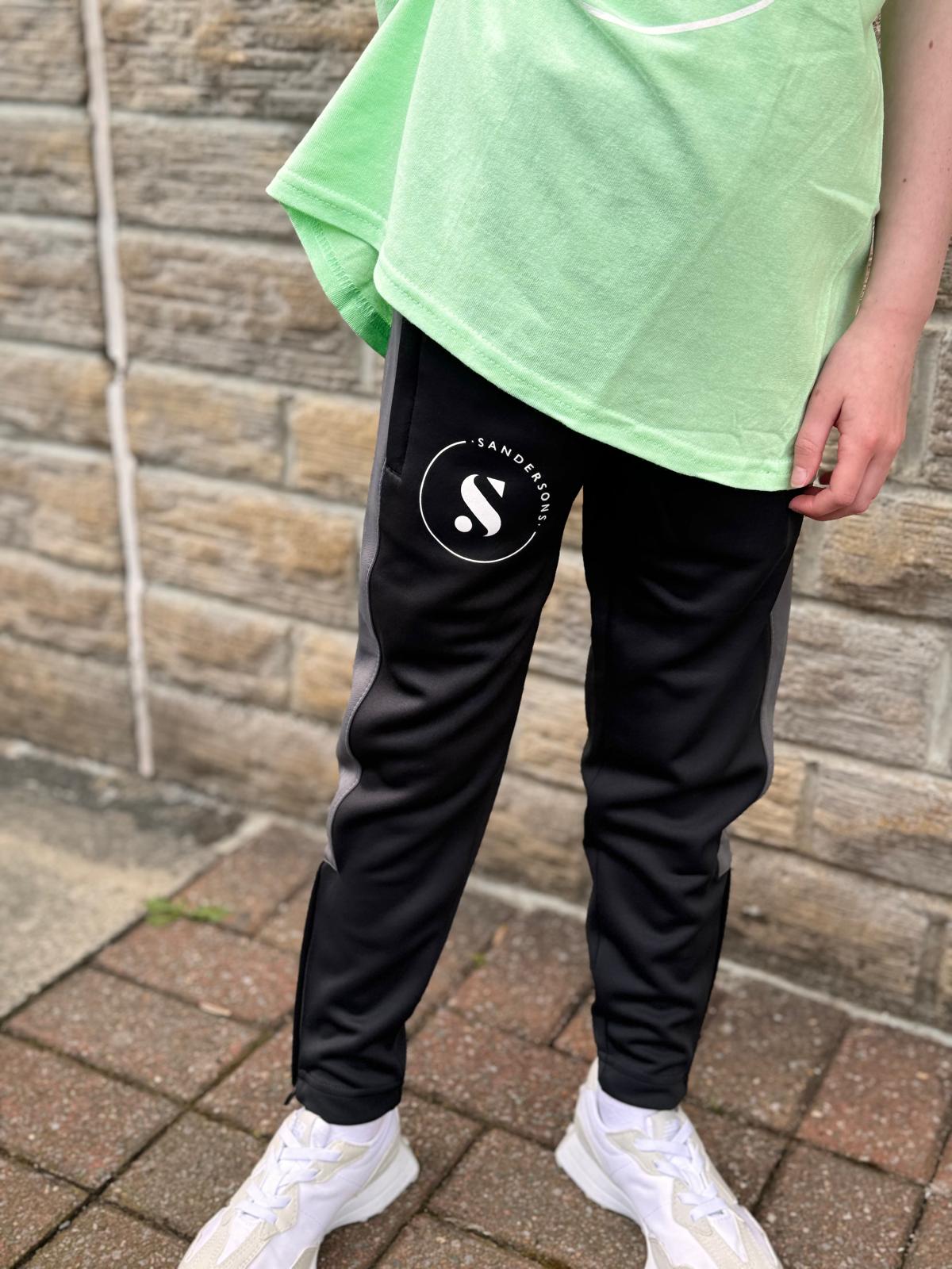TRACKSUIT BOTTOMS WITH GREY STRIPE & WHITE LOGO - KIDS & ADULTS BLACK SANDERSONS