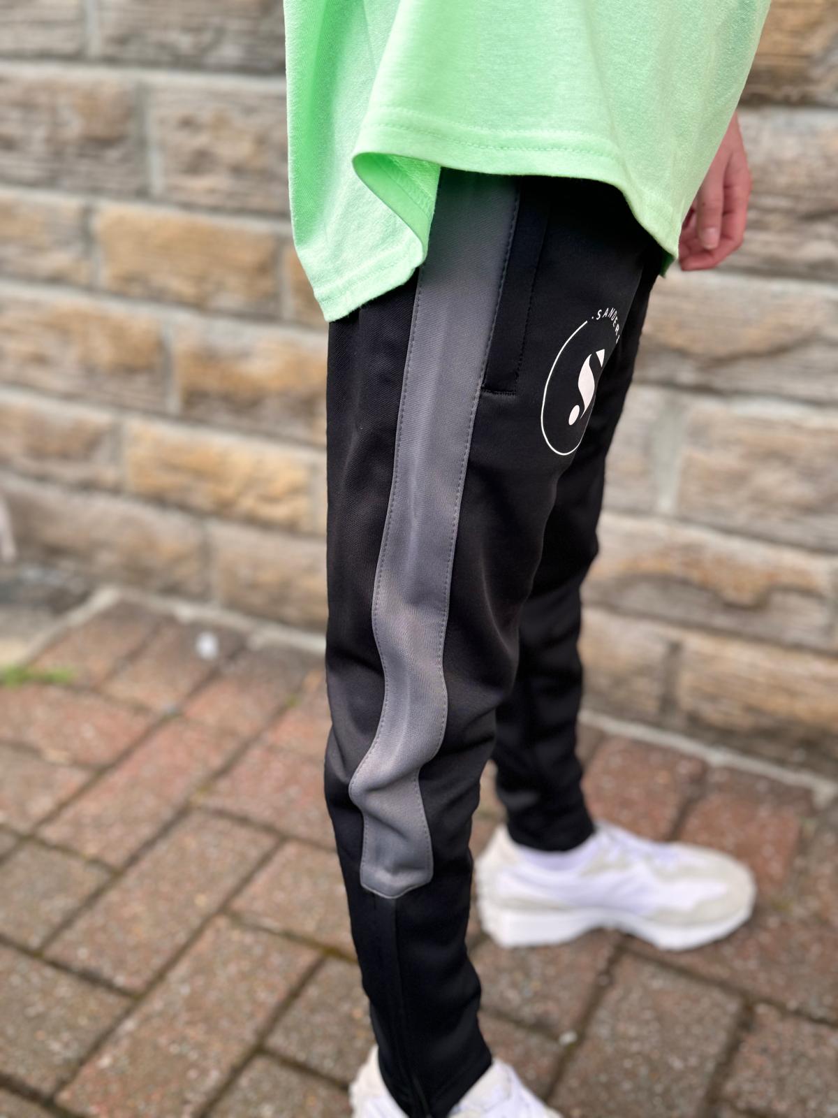 TRACKSUIT BOTTOMS WITH GREY STRIPE & WHITE LOGO - KIDS & ADULTS BLACK SANDERSONS