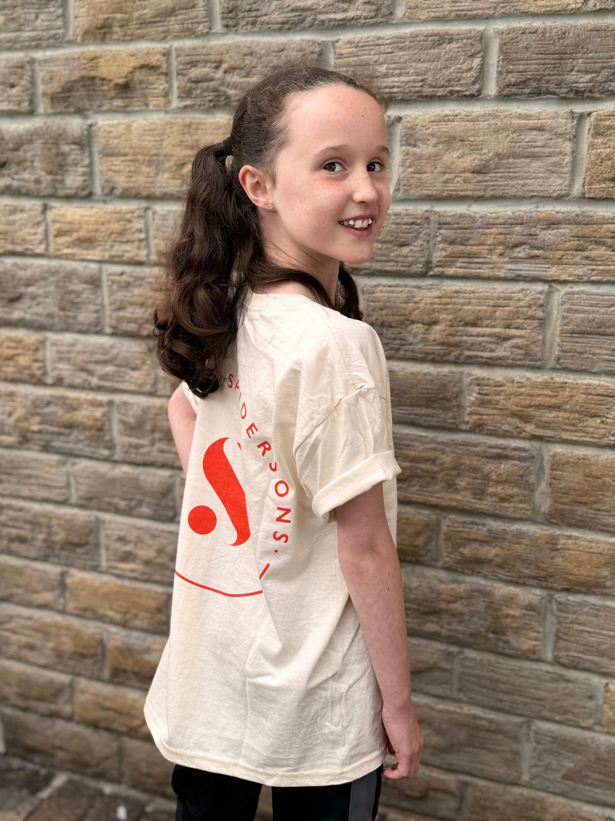T SHIRT OFF WHITE WITH ORANGE - KIDS & ADULT SIZES
