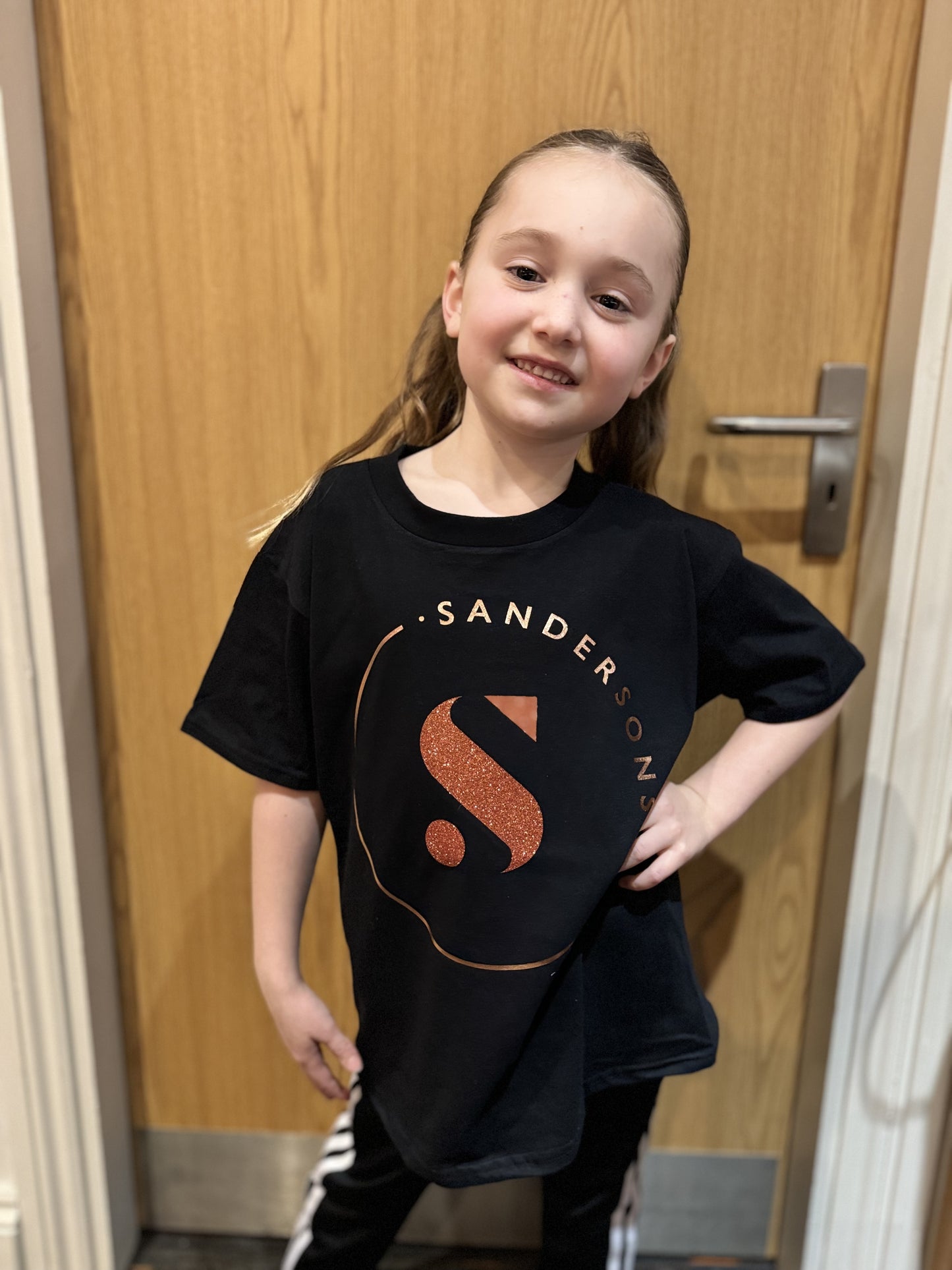 T SHIRT BLACK WITH METALLIC COPPER & ORANGE GLITTER- KIDS & ADULT SIZES BLACK
