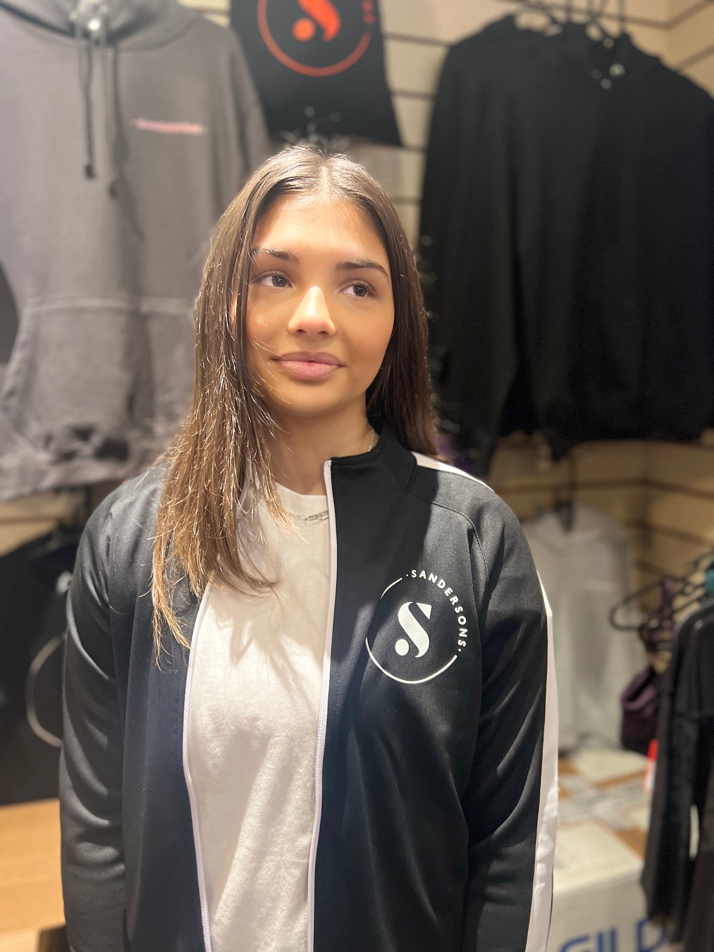JACKET ZIPPED BLACK WITH WHITE STRIPE WHITE LOGO ON FRONT & BACK- KIDS & ADULT