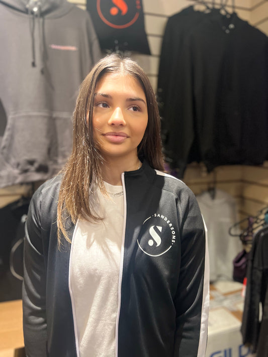 JACKET ZIPPED BLACK WITH WHITE STRIPE WHITE LOGO ON FRONT & BACK-  KIDS & ADULT