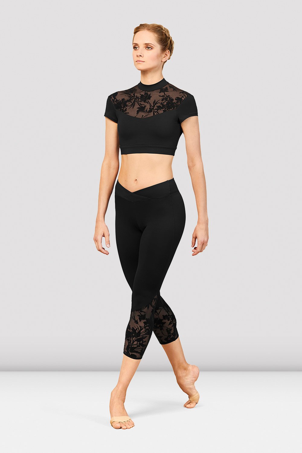 ADULTS BLACK BLOCH HIGH NECK CAP SLEEVE CROP TOP