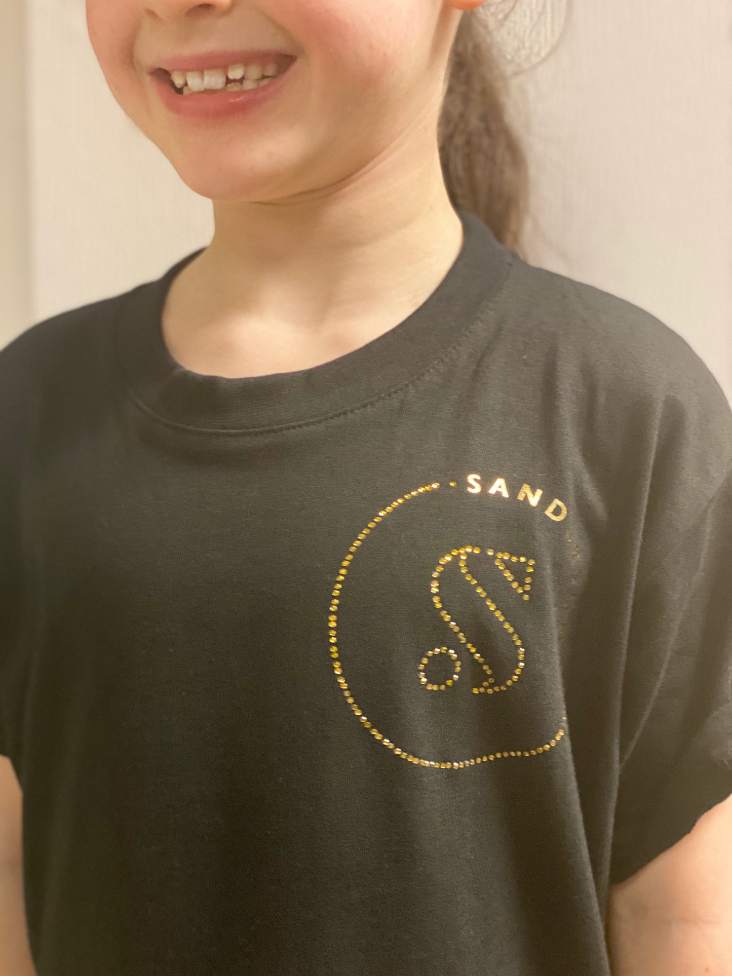 KIDS BLACK SANDERSONS T SHIRT BY AXZNT WITH SMALL BADGE GOLD PRINT & STONES