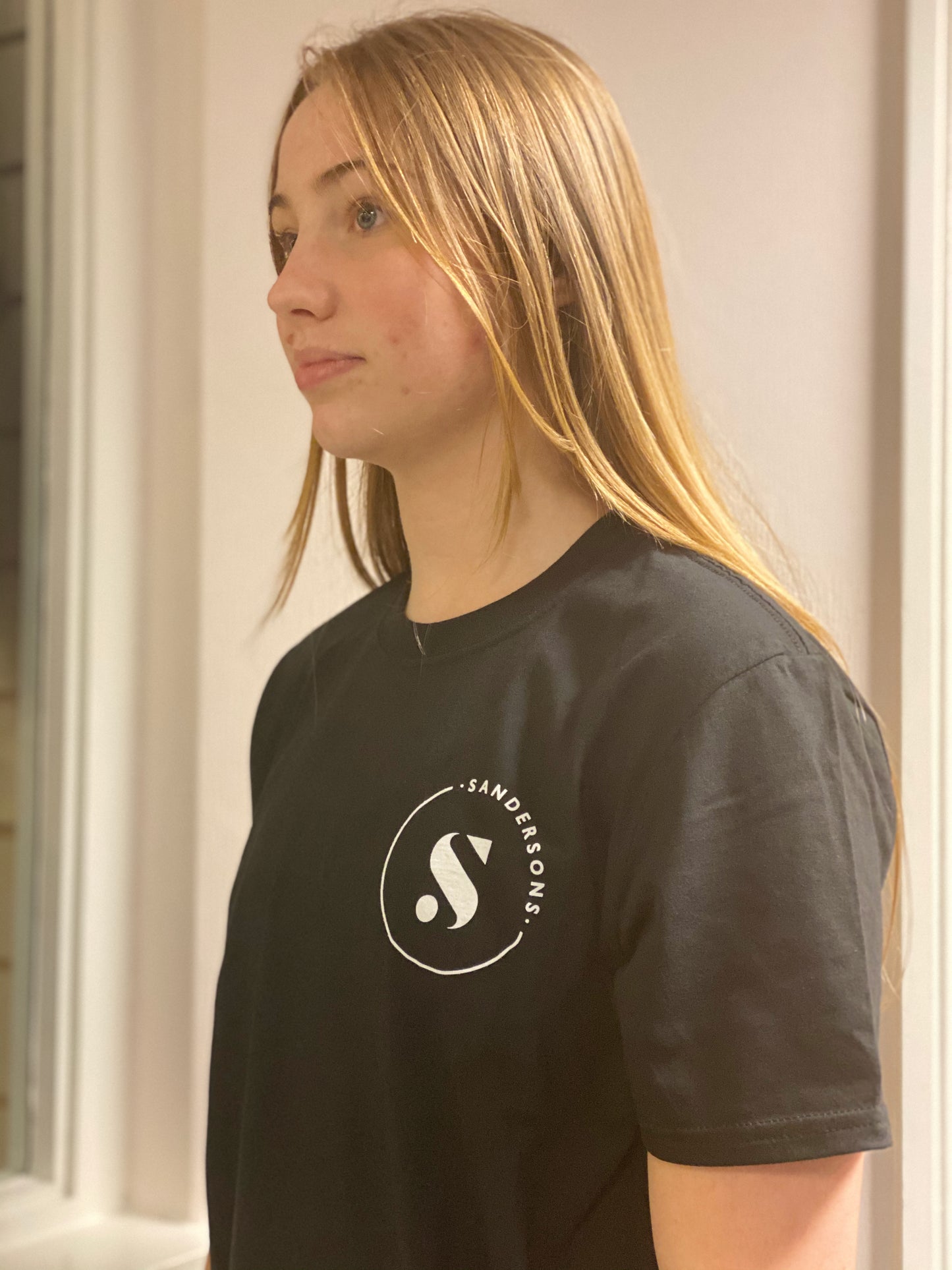 ADULT BLACK SANDERSONS T SHIRT BY AXZNT WITH SMALL BADGE WHITE/SILVER PRINT & STONES