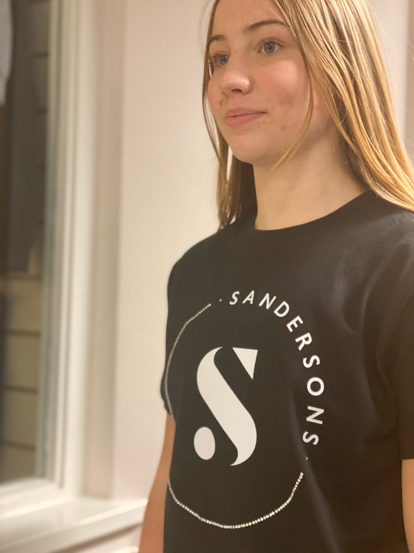 ADULT BLACK SANDERSONS T SHIRT BY AXZNT WITH LARGE WHITE PRINT & STONES