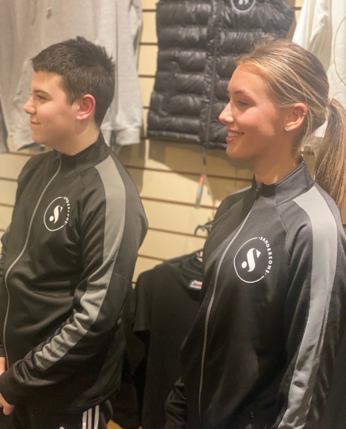 JACKET ADULT BLACK SANDERSONS SPORTS JACKET WITH GREY STRIPE WHITE LOGO ON FRONT & BACK