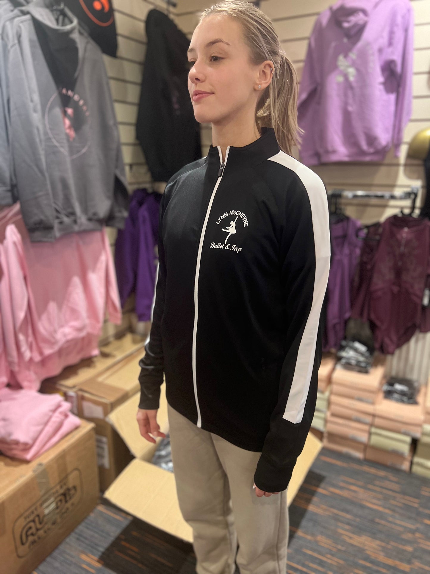 JACKET BLACK KIDS LYNN MCCHEYNE SPORTS JACKET WITH WHITE STRIPE WHITE LOGO ON FRONT & BACK