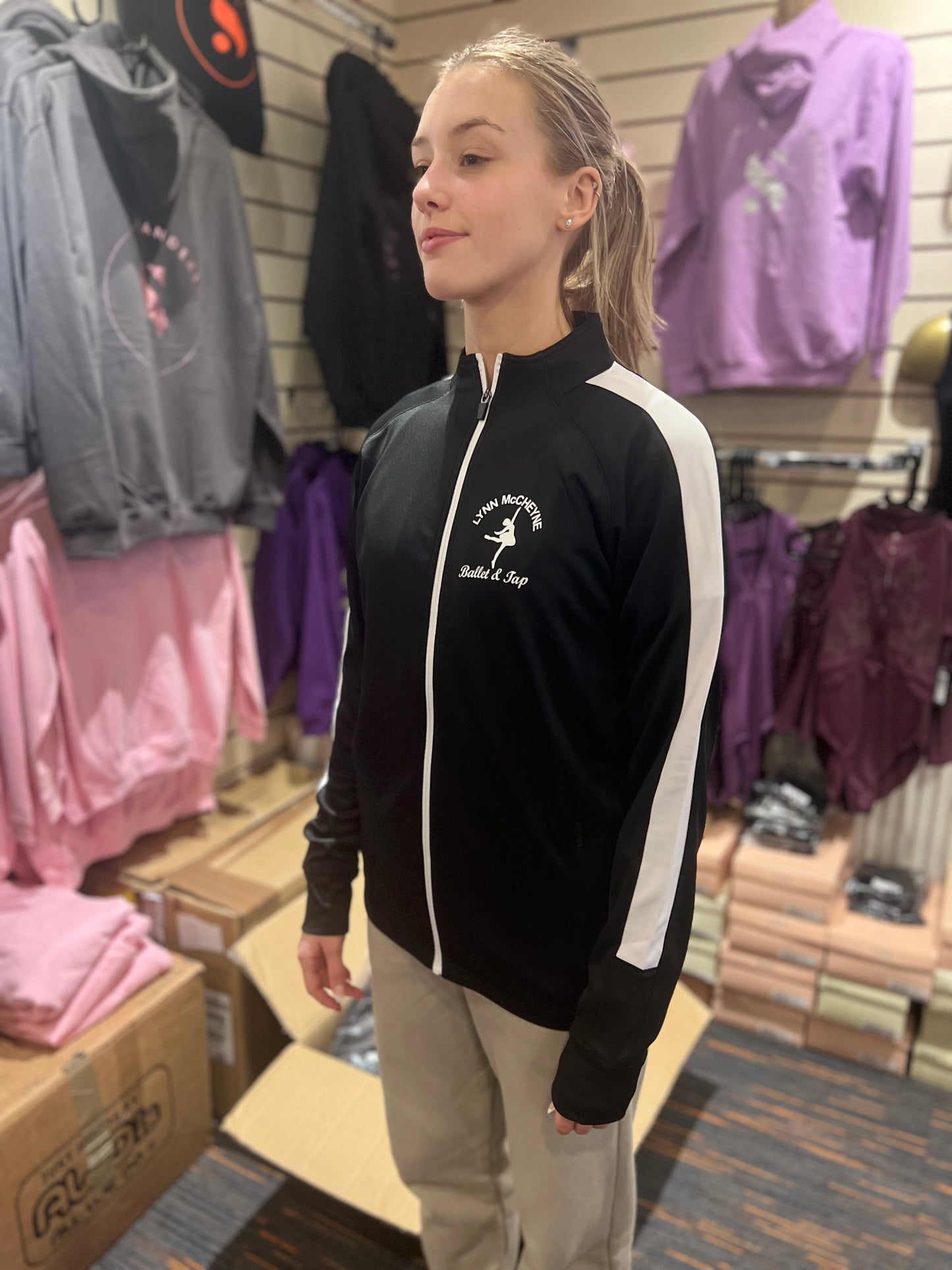 JACKET BLACK KIDS LYNN MCCHEYNE SPORTS JACKET WITH WHITE STRIPE WHITE LOGO ON FRONT & BACK