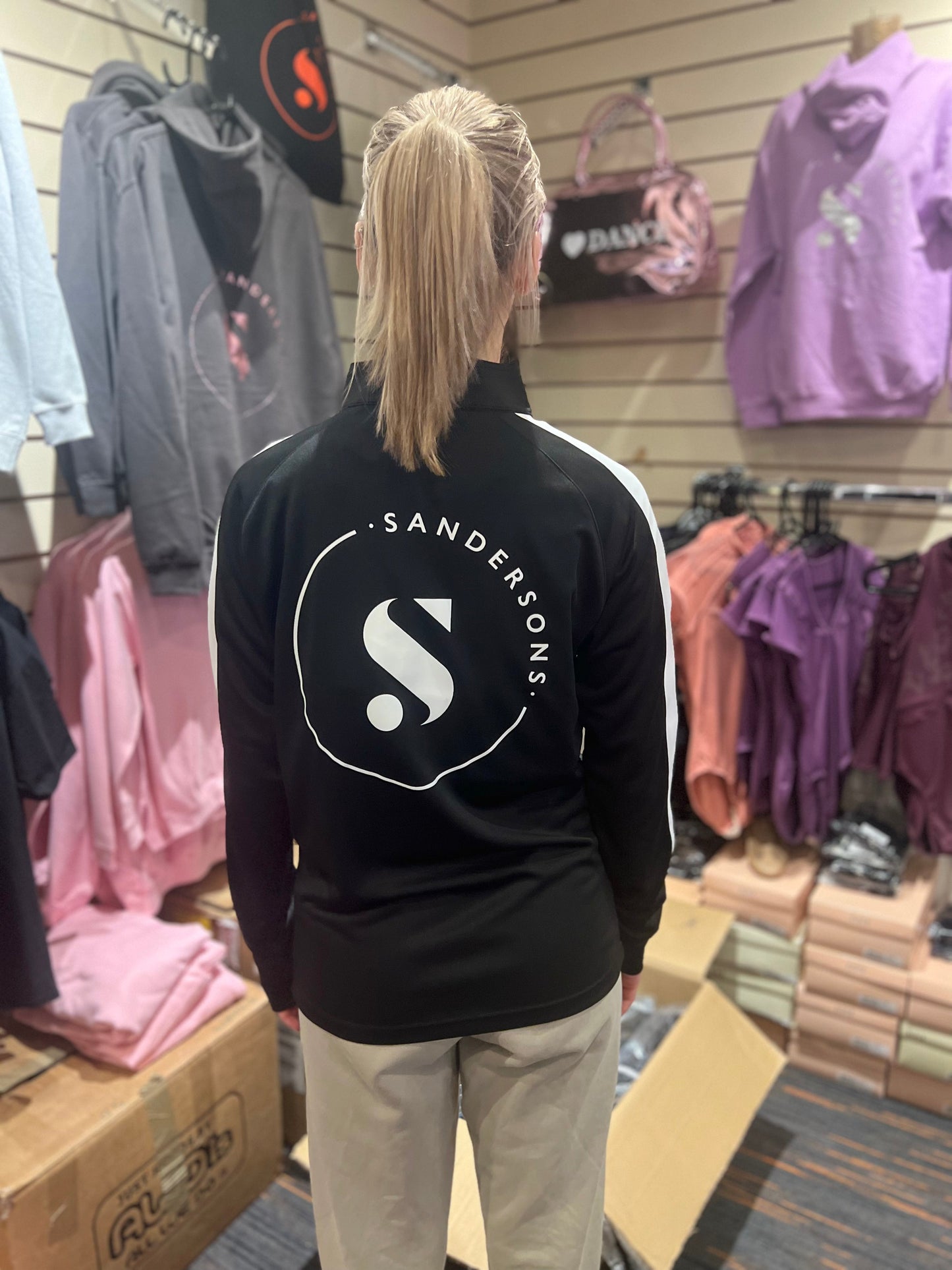 JACKET BLACK KIDS LYNN MCCHEYNE SPORTS JACKET WITH WHITE STRIPE WHITE LOGO ON FRONT & BACK