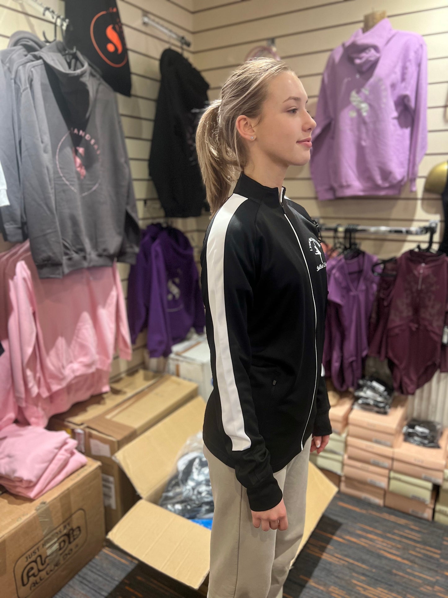 JACKET BLACK KIDS LYNN MCCHEYNE SPORTS JACKET WITH WHITE STRIPE WHITE LOGO ON FRONT & BACK