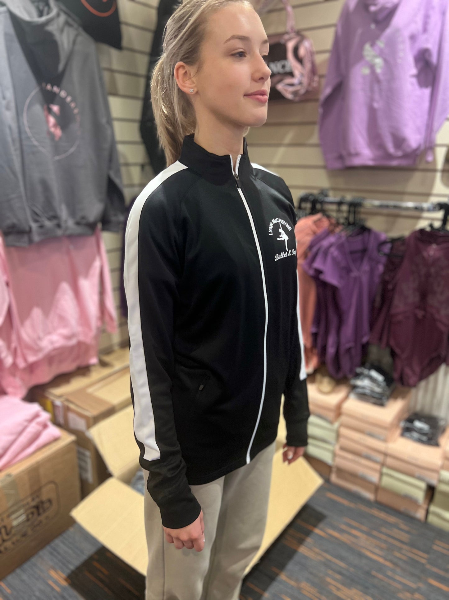 JACKET BLACK KIDS LYNN MCCHEYNE SPORTS JACKET WITH WHITE STRIPE WHITE LOGO ON FRONT & BACK