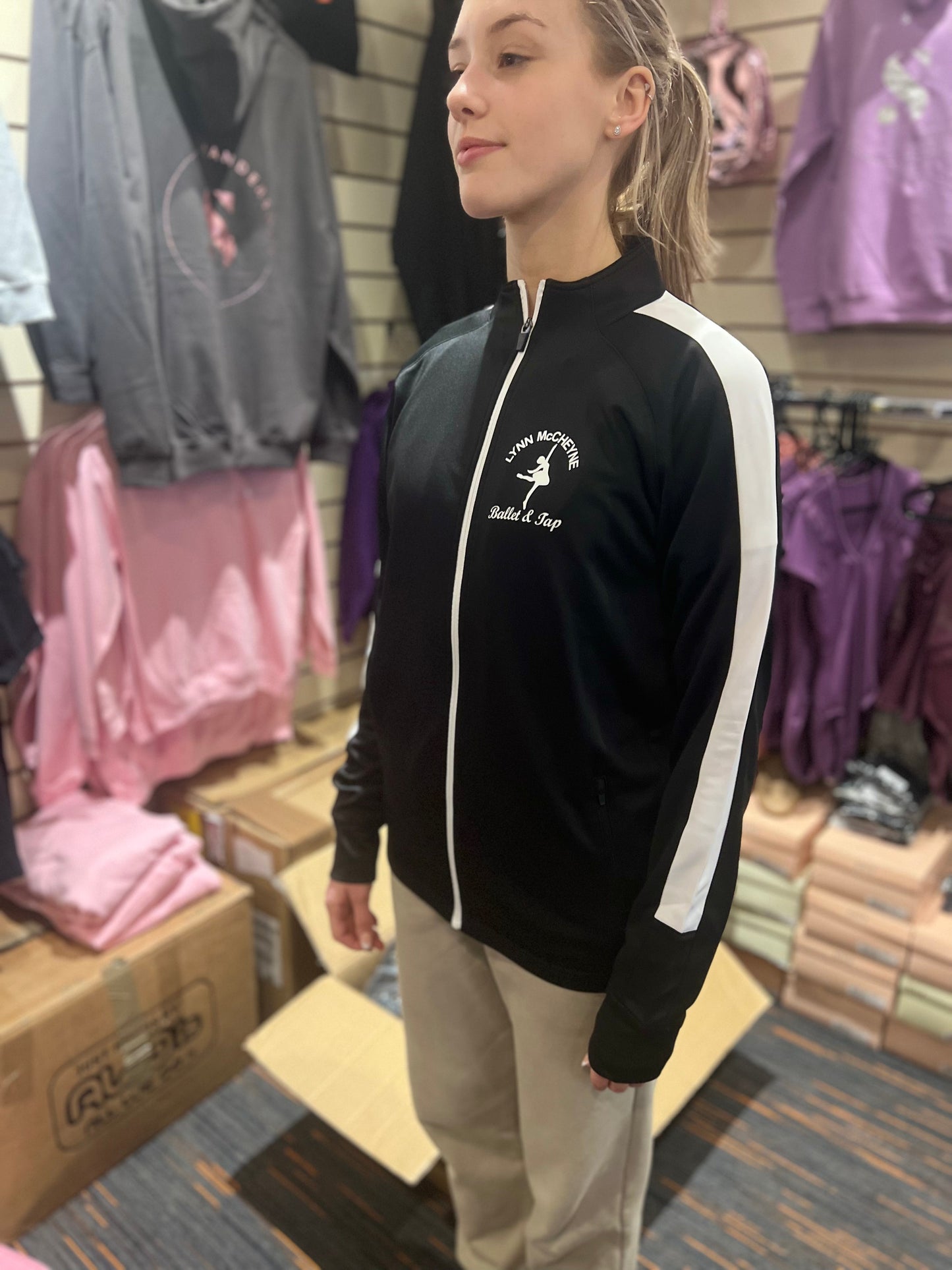 JACKET BLACK KIDS LYNN MCCHEYNE SPORTS JACKET WITH WHITE STRIPE WHITE LOGO ON FRONT & BACK