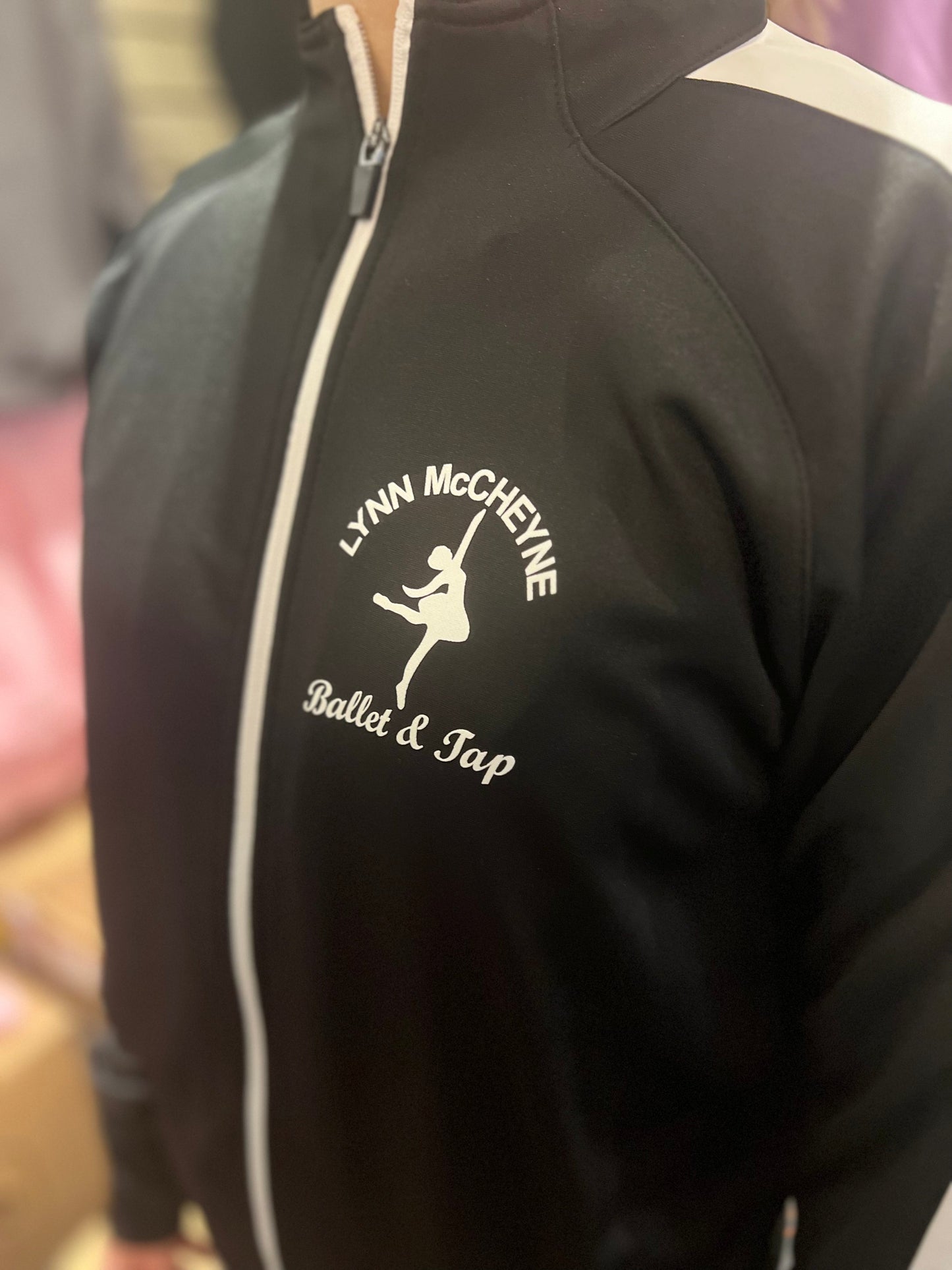 JACKET BLACK KIDS LYNN MCCHEYNE SPORTS JACKET WITH WHITE STRIPE WHITE LOGO ON FRONT & BACK