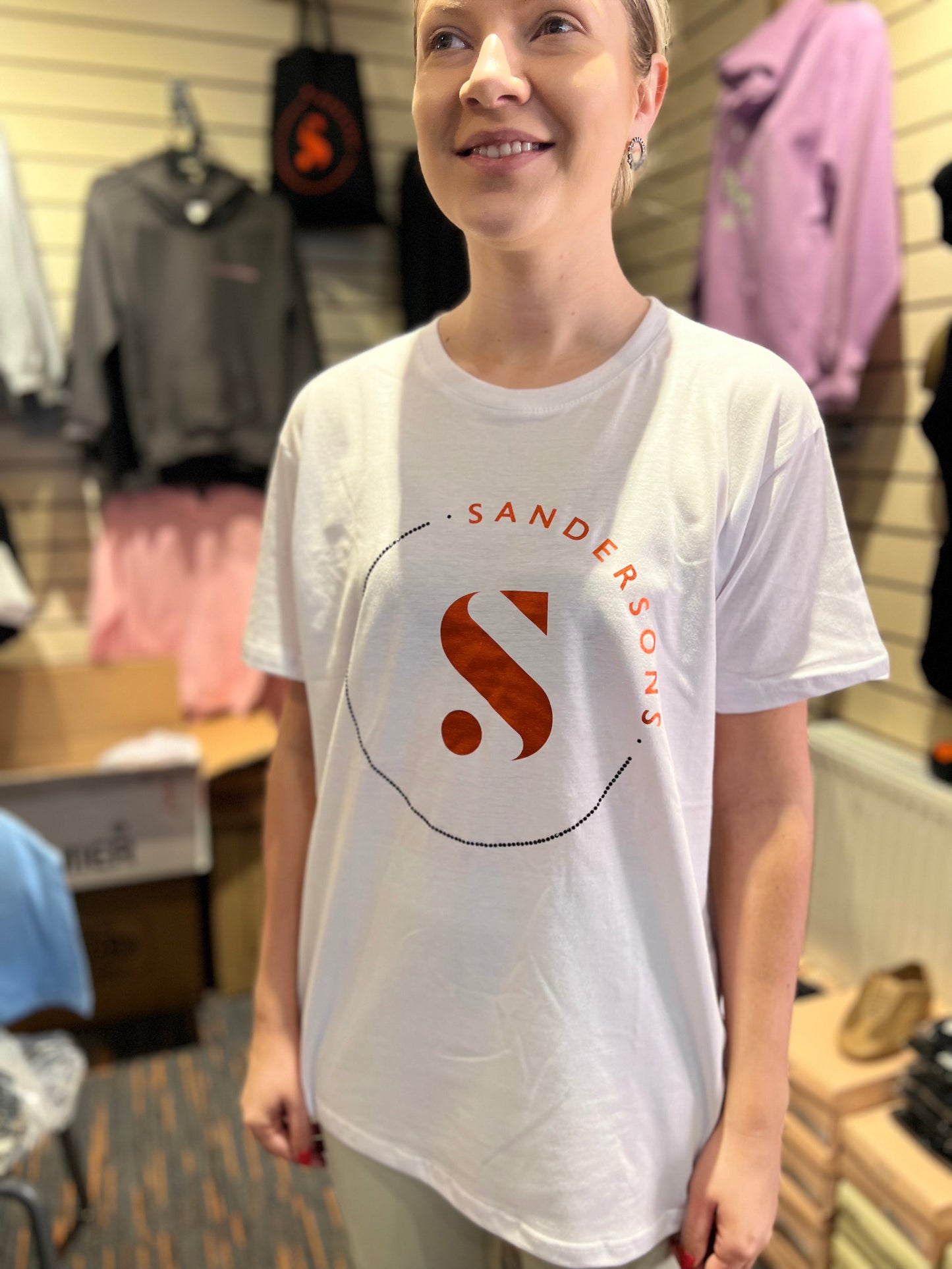 T SHIRT WHITE WITH BLACK CRYSTALS & METALLIC ORANGE LOGO- KIDS & ADULT WHITE SANDERSONS