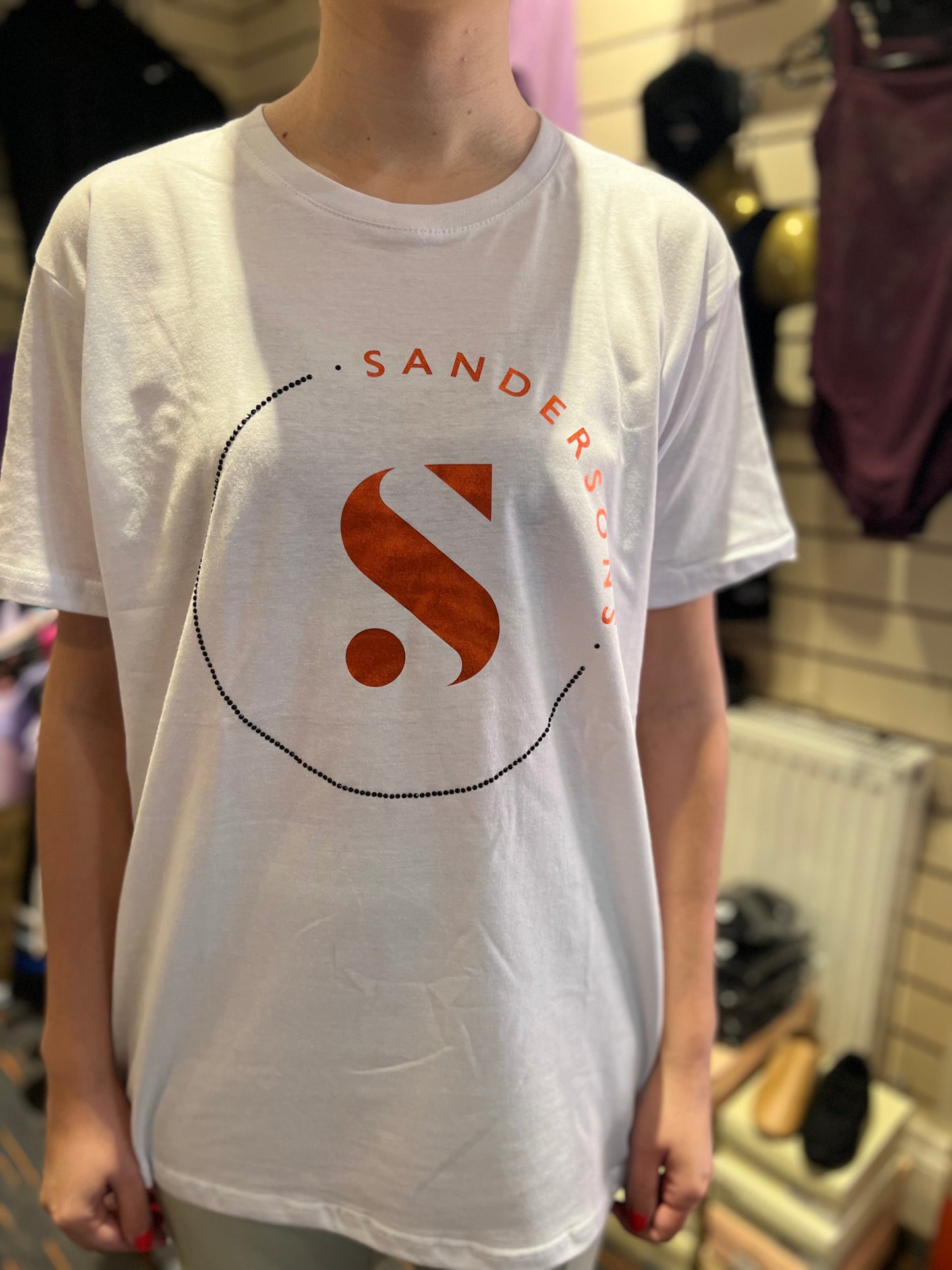 T SHIRT WHITE WITH BLACK CRYSTALS & METALLIC ORANGE LOGO- KIDS & ADULT WHITE SANDERSONS