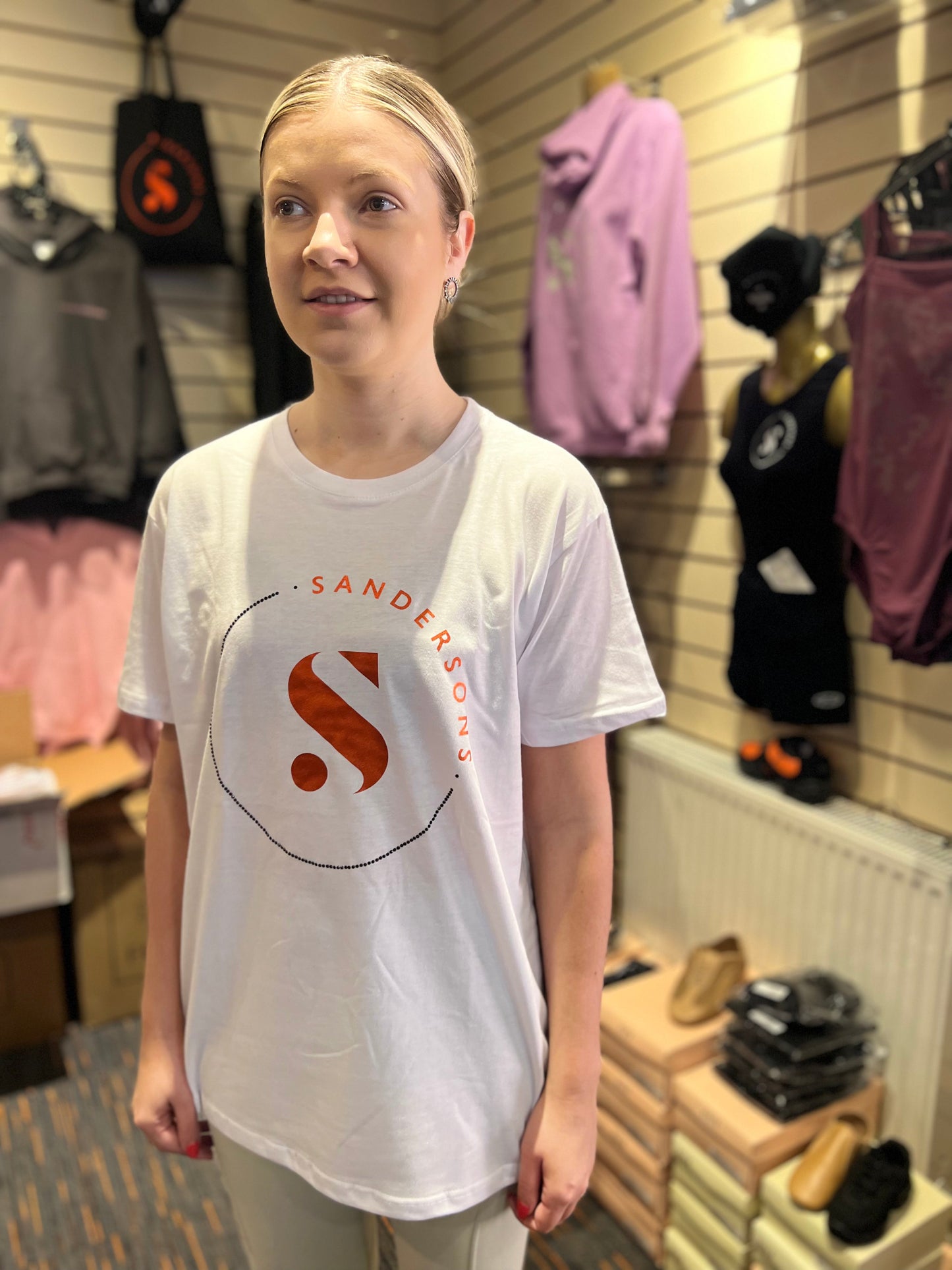 T SHIRT WHITE WITH BLACK CRYSTALS & METALLIC ORANGE LOGO- KIDS & ADULT WHITE SANDERSONS