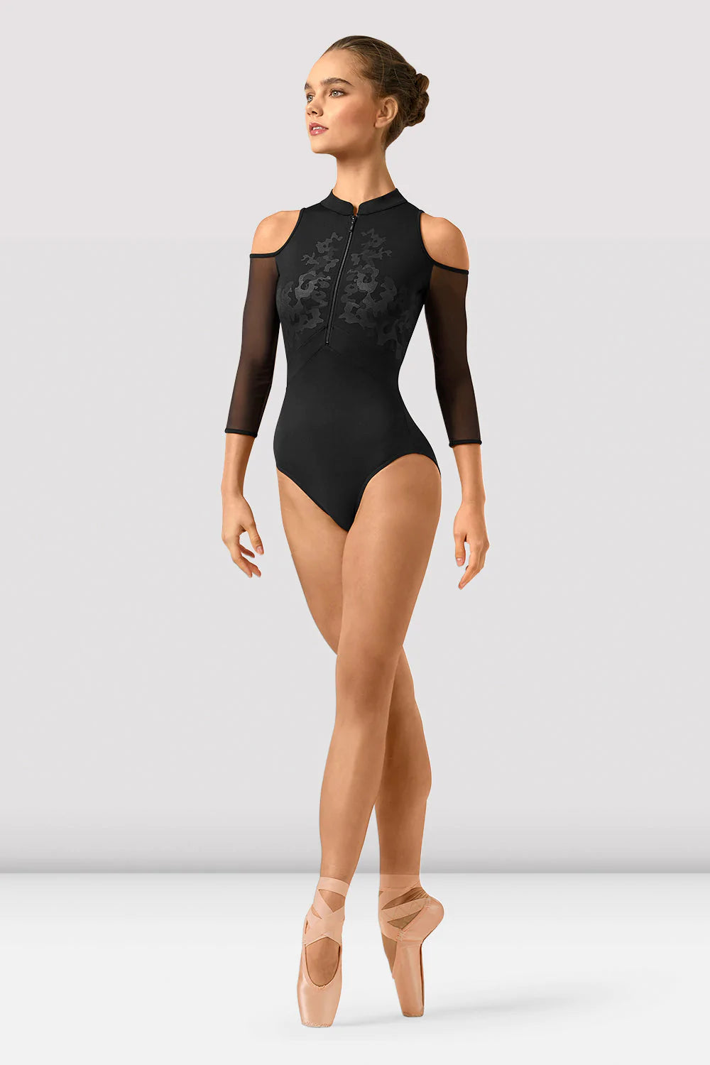 BLOCH LEOTARD INDIANA (CAMO PRINT OPEN BACK 3/4 SLEEVE, COLD SHOULDER)