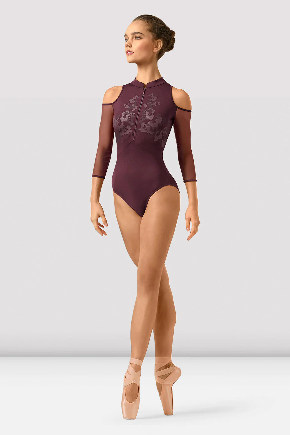BLOCH LEOTARD INDIANA (CAMO PRINT OPEN BACK 3/4 SLEEVE, COLD SHOULDER)