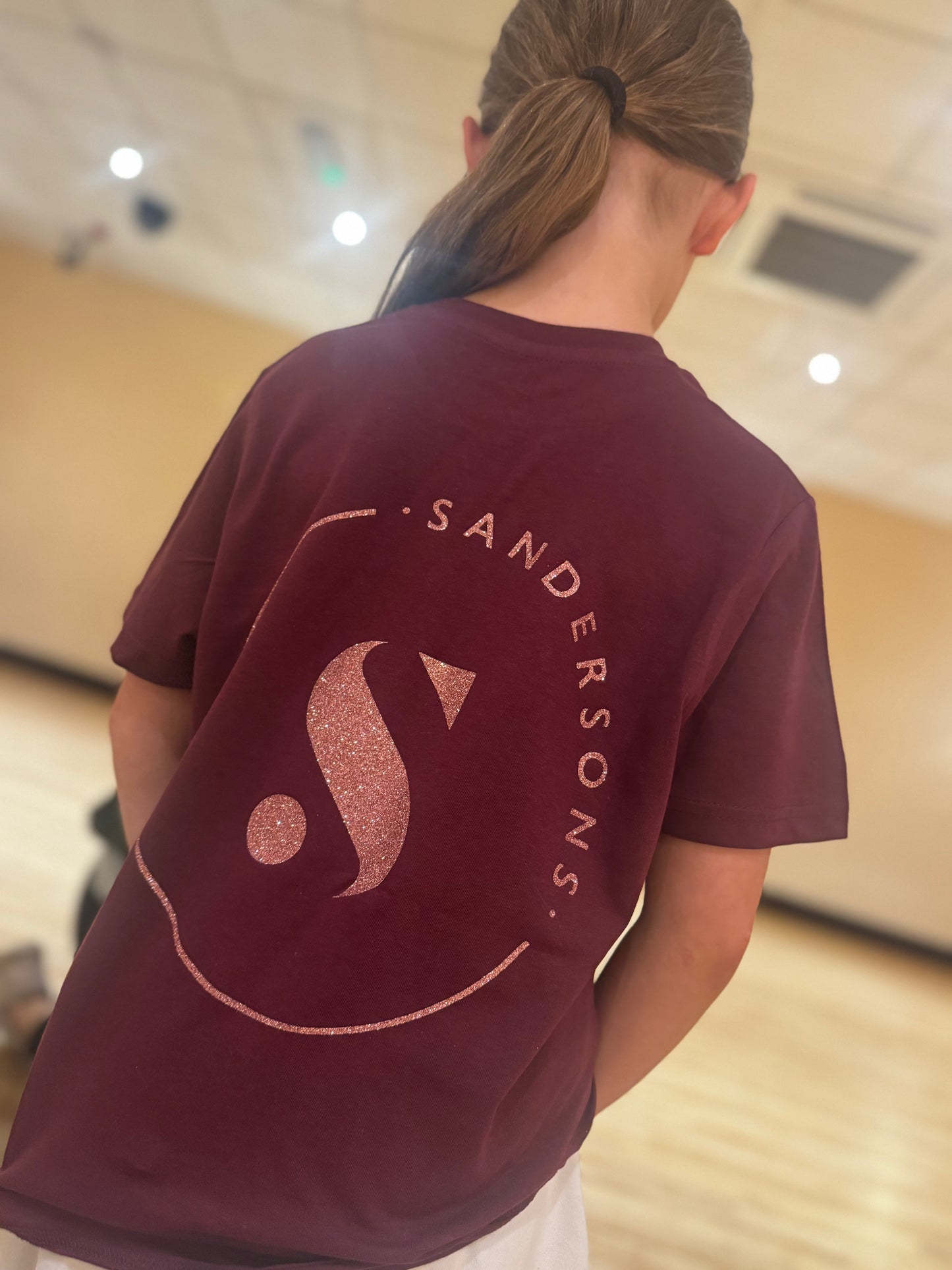 T SHIRT BURGUNDY WITH ROSE GOLD GLITTER- KIDS & ADULT SIZES BLACK