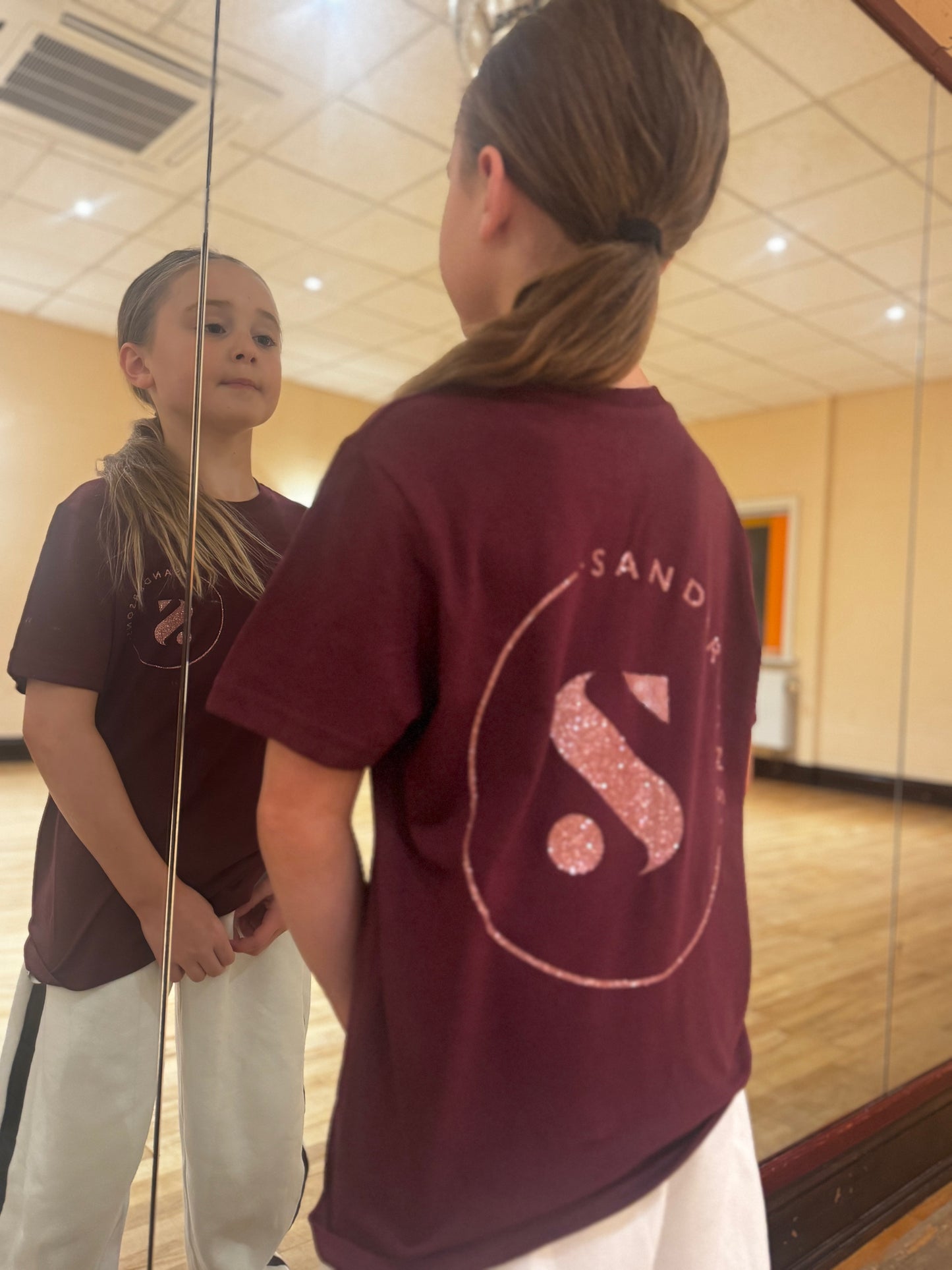 T SHIRT BURGUNDY WITH ROSE GOLD GLITTER- KIDS & ADULT SIZES BLACK