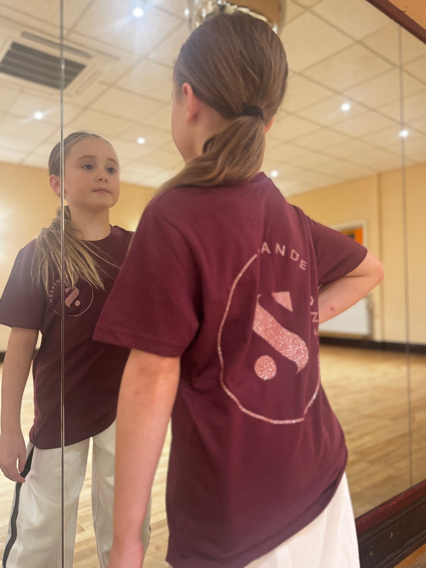 T SHIRT BURGUNDY WITH ROSE GOLD GLITTER- KIDS & ADULT SIZES BLACK