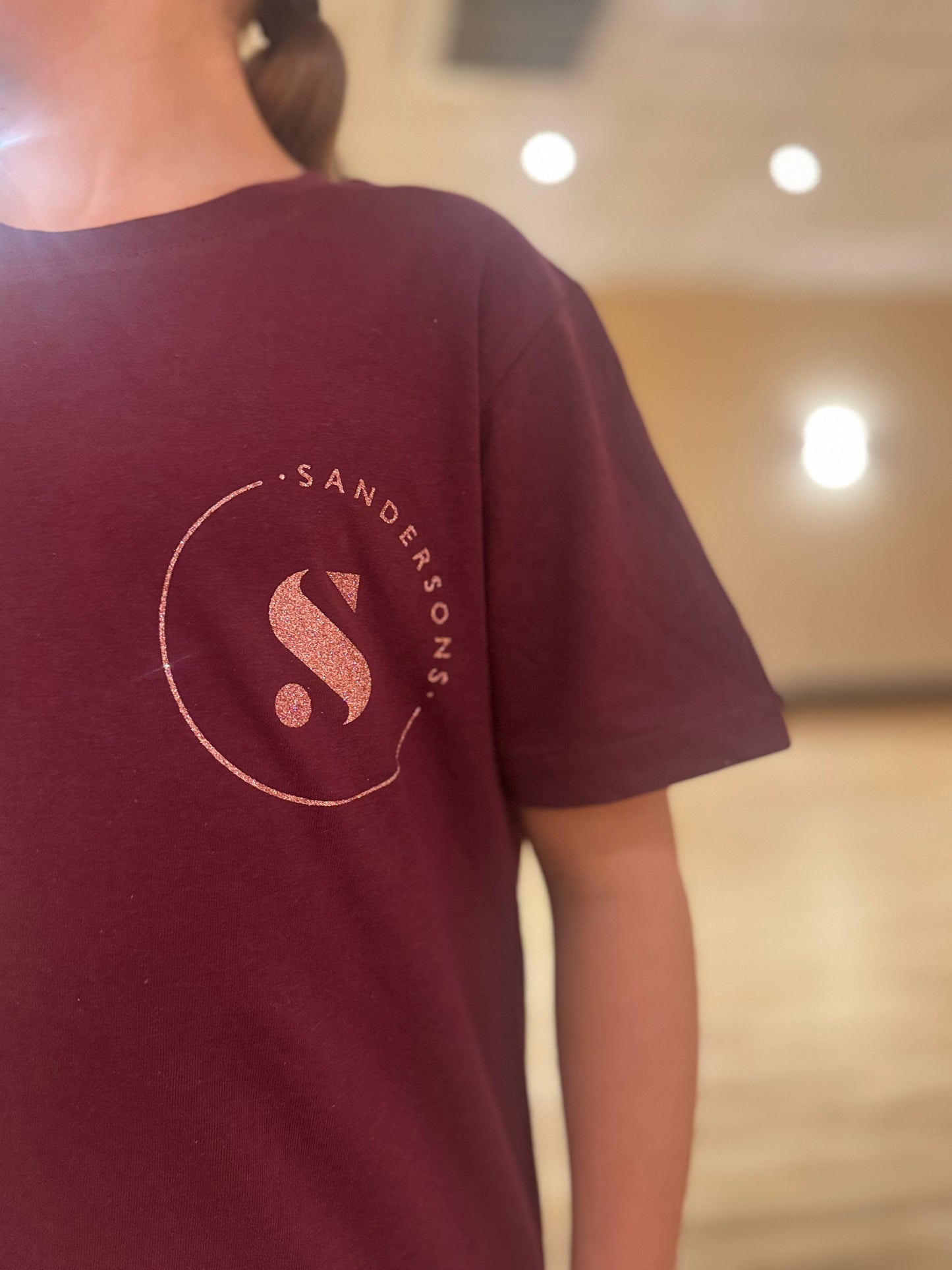 T SHIRT BURGUNDY WITH ROSE GOLD GLITTER- KIDS & ADULT SIZES BLACK