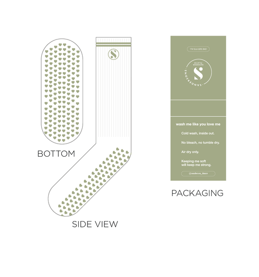 Reformer Pilates Socks- White with Sage Green logo