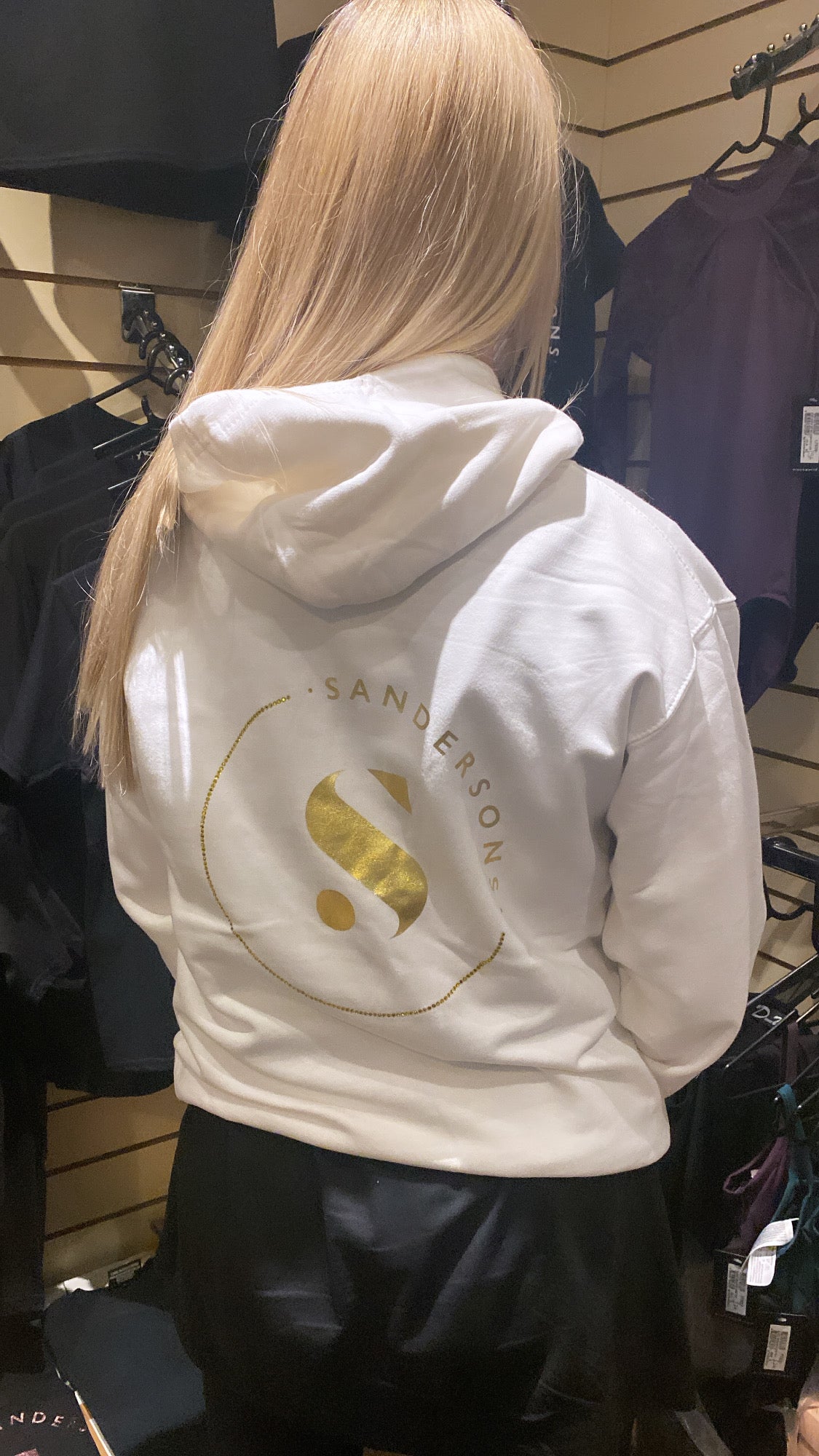 ADULT WHITE SANDERSONS PULLOVER HOODIE BY AXZNT WITH METALLIC GOLD BADGE PRINT AND LARGE GOLD PRINT & STONES