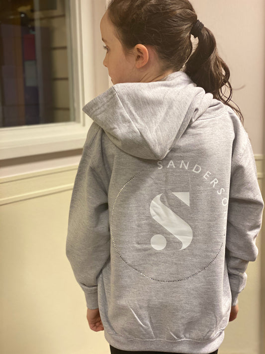 KIDS GREY SANDERSONS PULLOVER HOODIE BY AXZNT WITH WHITE BADGE PRINT AND LARGE WHITE/ SILVER PRINT & STONES