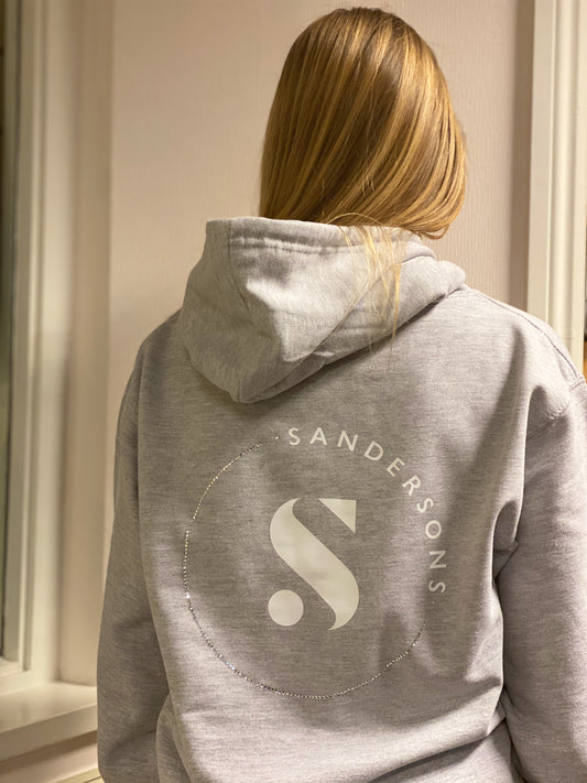 ADULT GREY SANDERSONS PULLOVER HOODIE BY AXZNT WITH WHITE BADGE PRINT AND LARGE WHITE/ SILVER PRINT & STONES