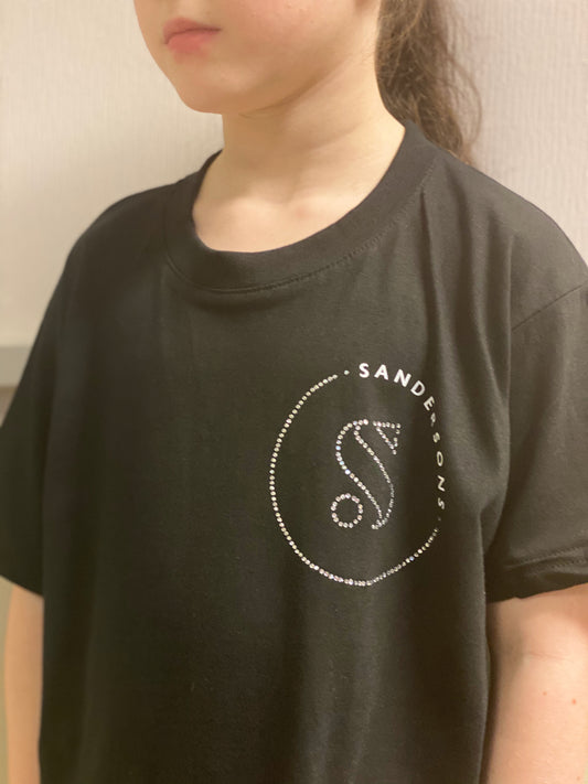 KIDS BLACK SANDERSONS T SHIRT BY AXZNT WITH SMALL BADGE WHITE/SILVER PRINT & STONES