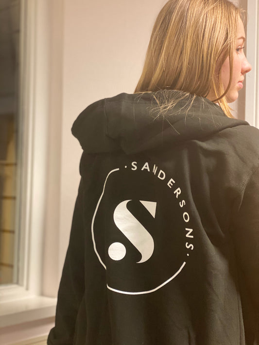 ADULTS BLACK SANDERSONS ZIPPED HOODIES WITH WHITE LOGO ON FRONT & BACK