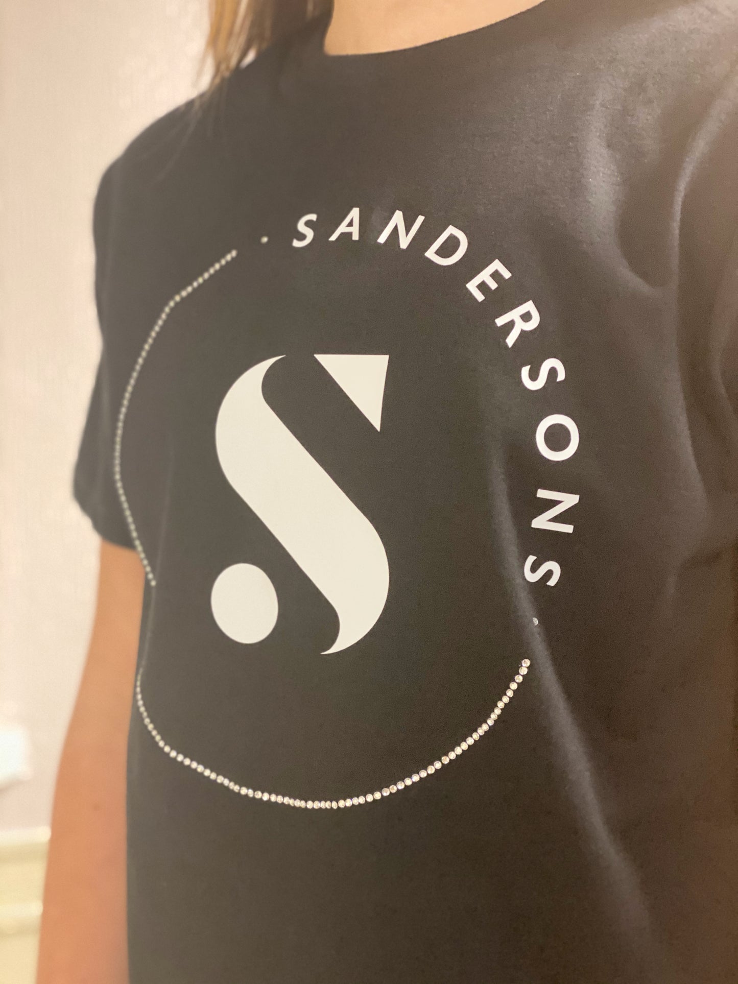 ADULT BLACK SANDERSONS T SHIRT BY AXZNT WITH LARGE WHITE PRINT & STONES