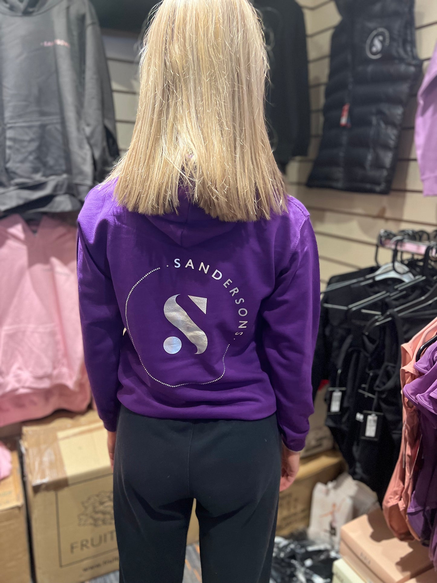 KIDS SIZES PURPLE SANDERSONS PULLOVER HOODIE BY AXZNT WITH METALLIC SILVER BADGE PRINT AND LARGE METALLIC SILVER PRINT & STONES