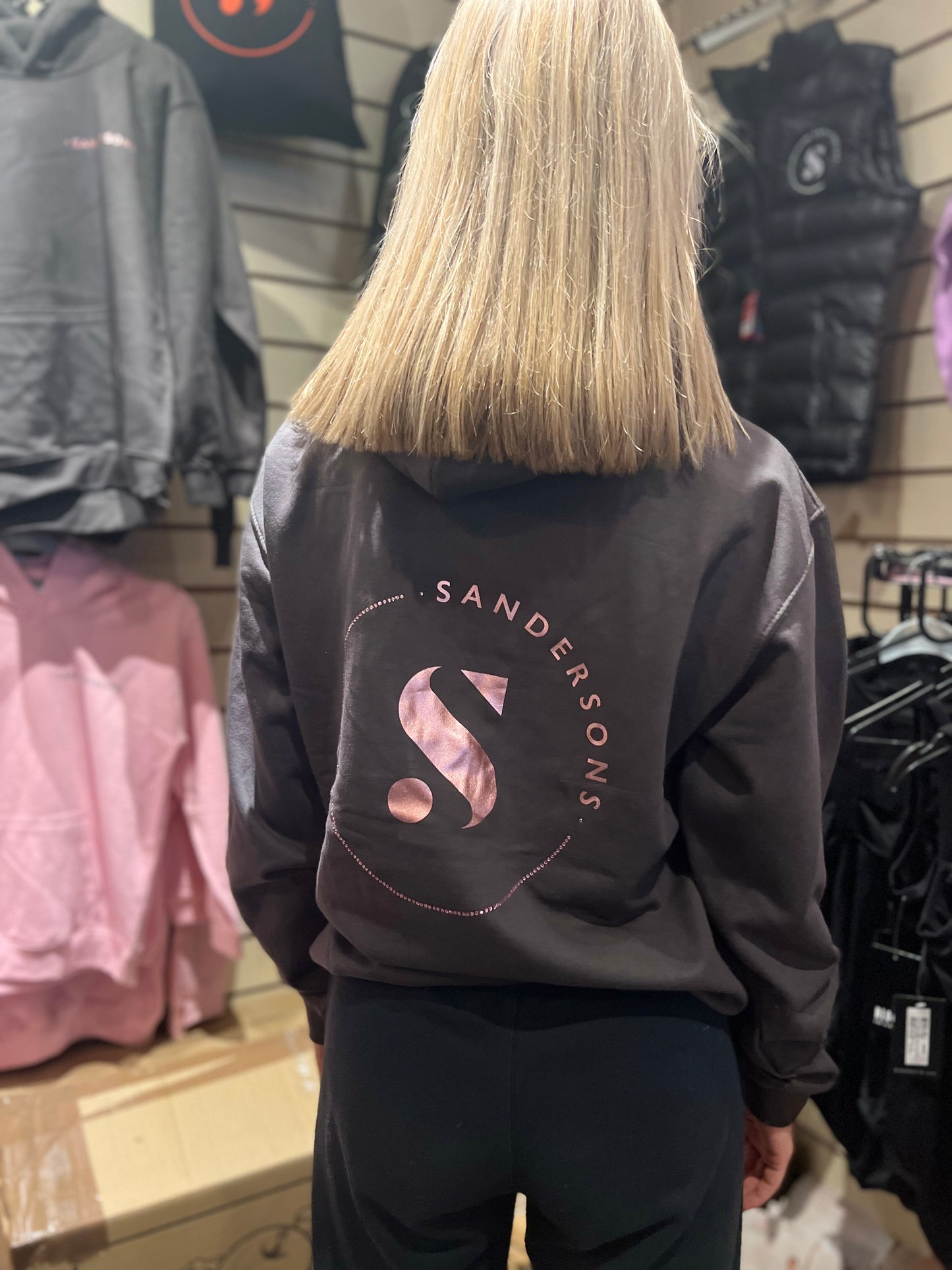 KIDS & ADULT SIZES STORM GREY SANDERSONS PULLOVER HOODIE BY AXZNT WITH METALLIC ROSE GOLD BADGE PRINT AND LARGE METALLIC ROSE GOLD PRINT & STONES