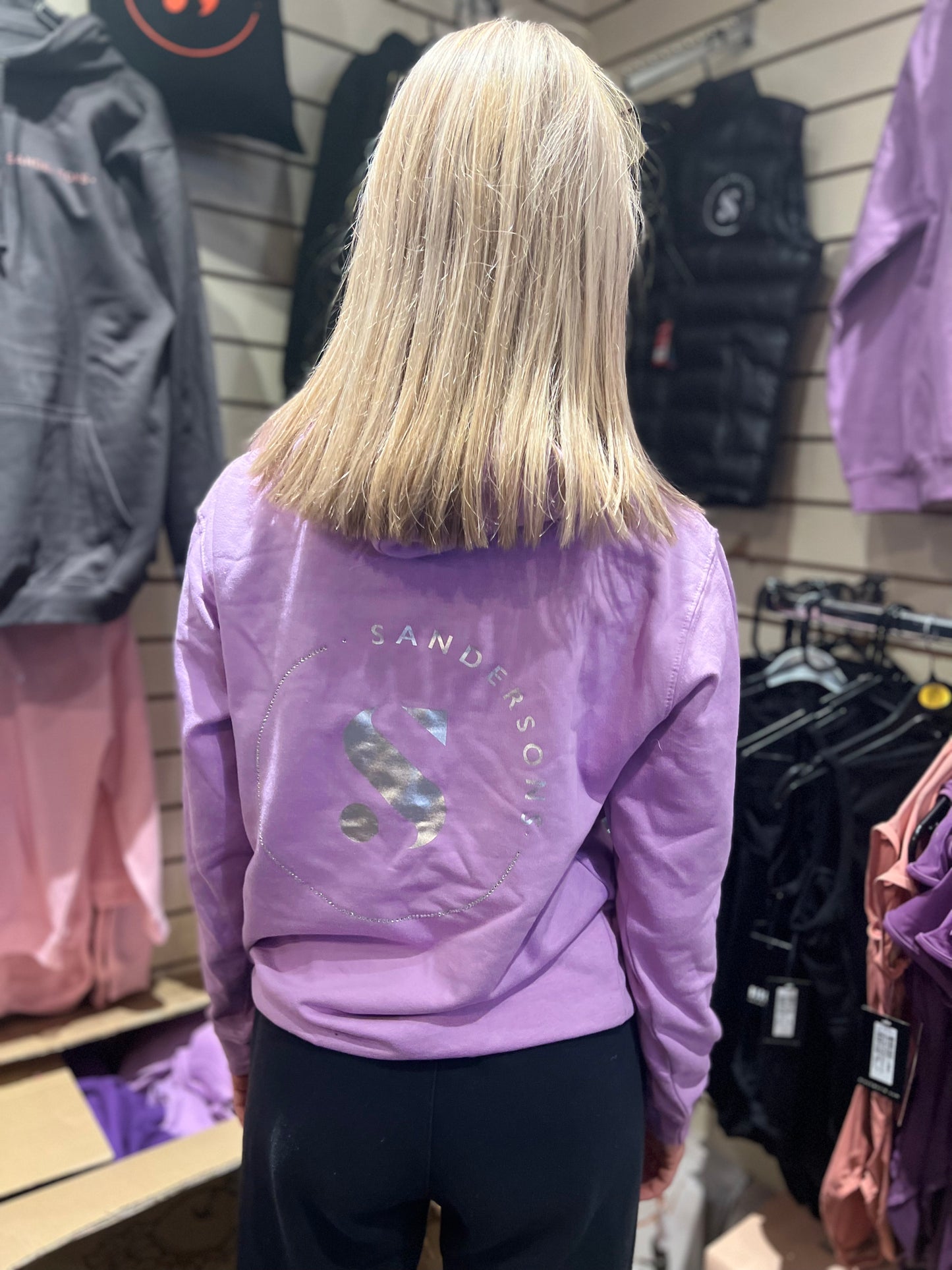 ADULT SIZES LAVENDER SANDERSONS PULLOVER HOODIE BY AXZNT WITH METALLIC SILVER BADGE PRINT AND LARGE METALLIC SILVER PRINT & STONES