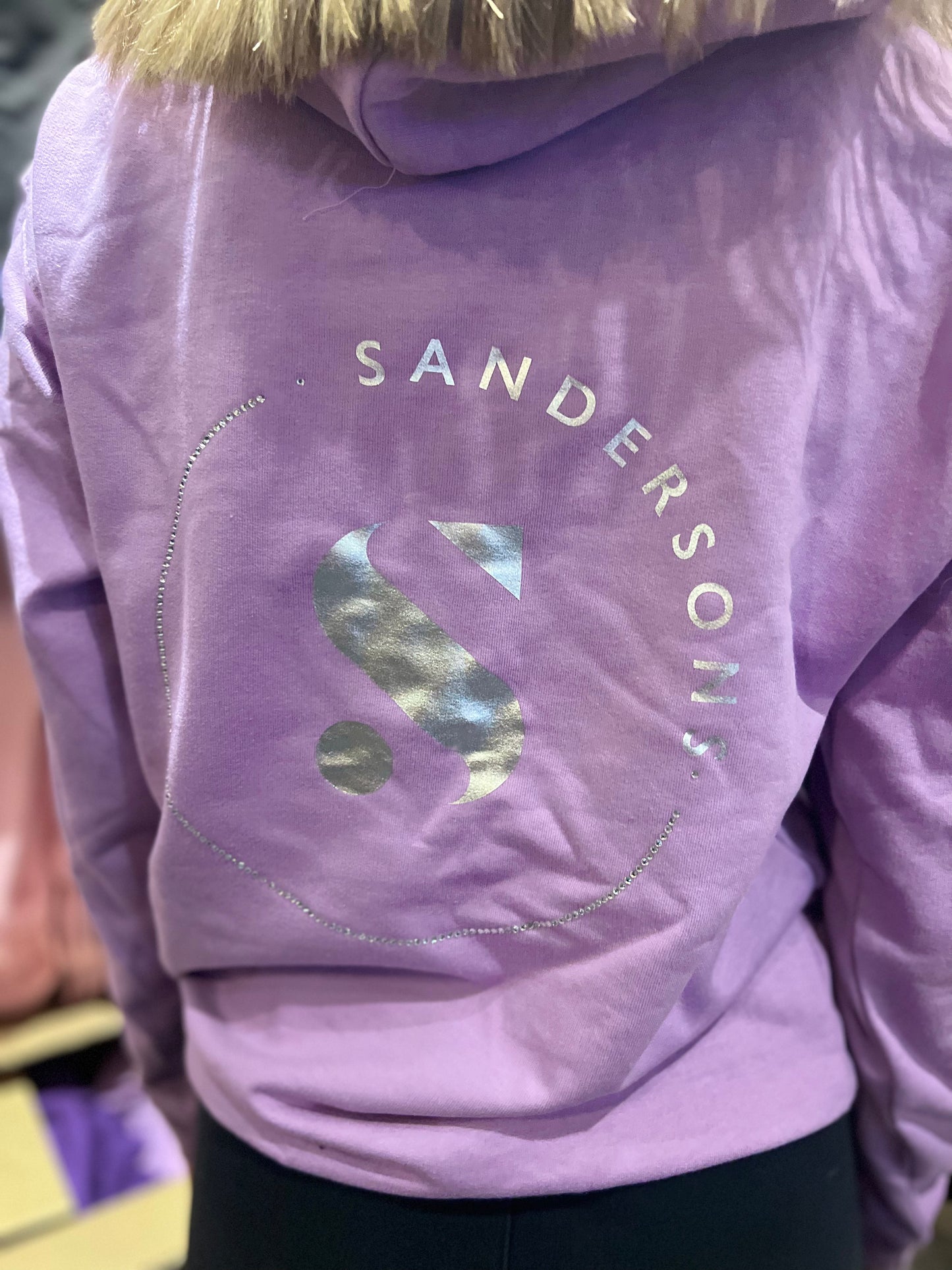 ADULT SIZES LAVENDER SANDERSONS PULLOVER HOODIE BY AXZNT WITH METALLIC SILVER BADGE PRINT AND LARGE METALLIC SILVER PRINT & STONES